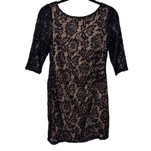 Scarlett Black Lace Overlay Dress With Nude Lining & 3/4 Sleeves Size 12